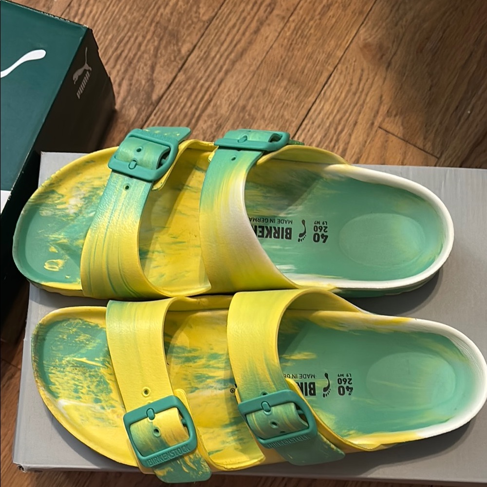 Birkenstock Two-Tone Sandals in Yellow and Teal